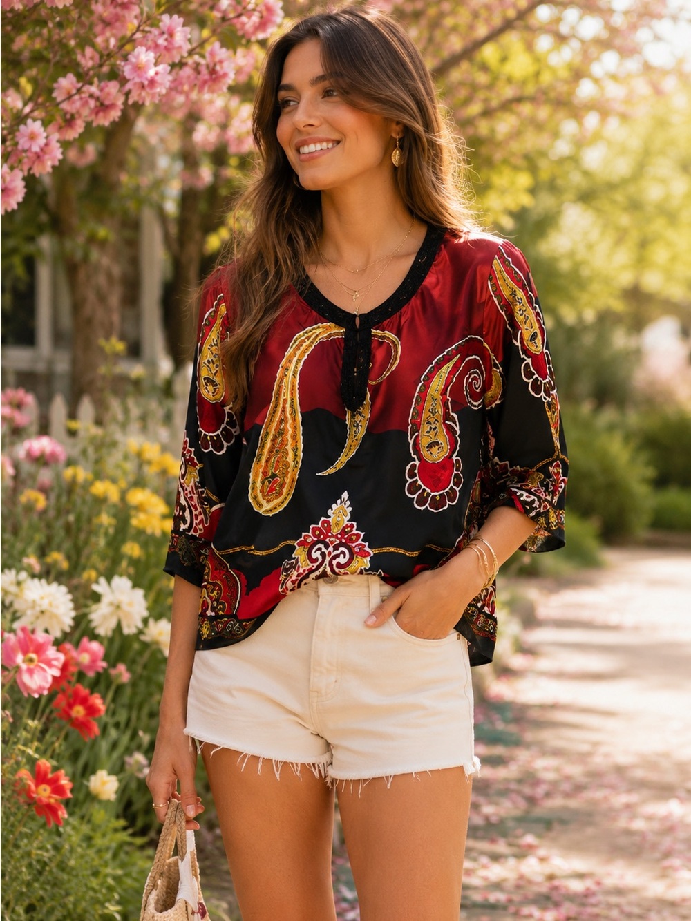 113. INC International Concepts Red, Black & Gold Paisley V-Neck Tunic